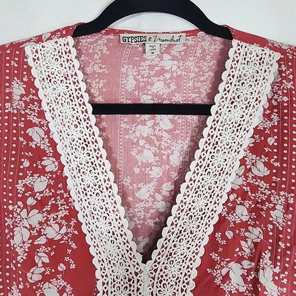 Gypsies & Moondust Lace Trim Floral Print Tie Hem Short Sleeve Top Womens M - Picture 5 of 8